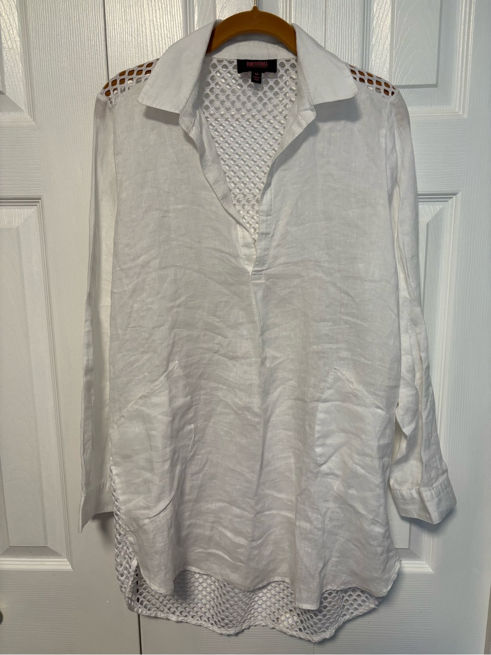 NWOT ForCynthia White Linen Swim Coverup with Rollup Sleeves and Crochet Back